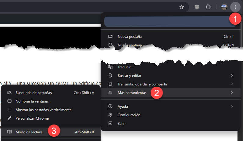 Chrome: ⋮ menu → More tools → Reading mode