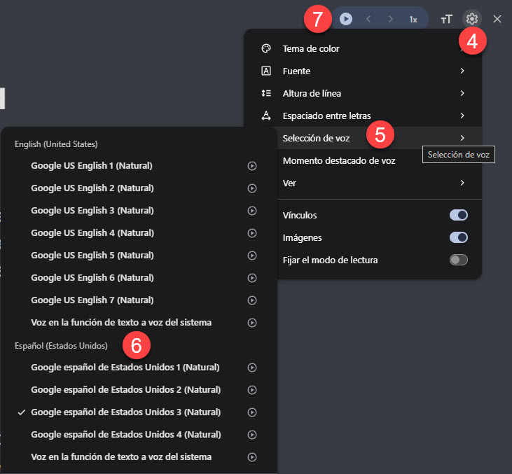 Reading mode: gear → Voice selection → language → ▶