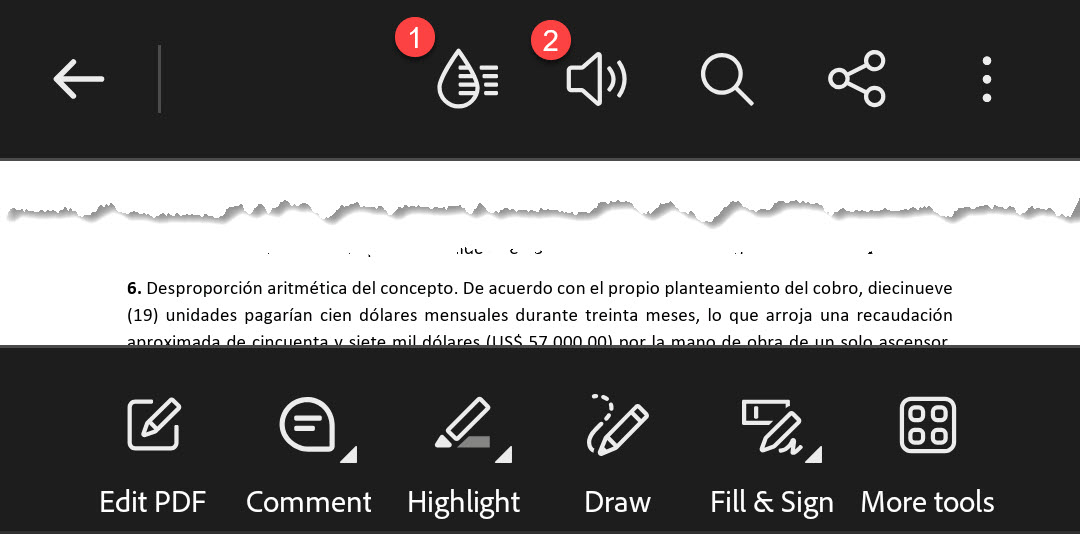 Acrobat on the phone: reading mode and speaker icon